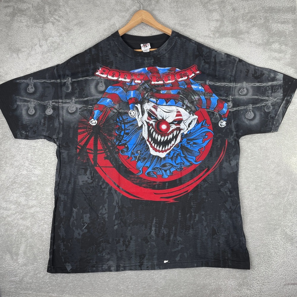 Vintage Body Lock Evil Clown Shirt Mens 3XL Black All Over Print Y2K Goth Horror